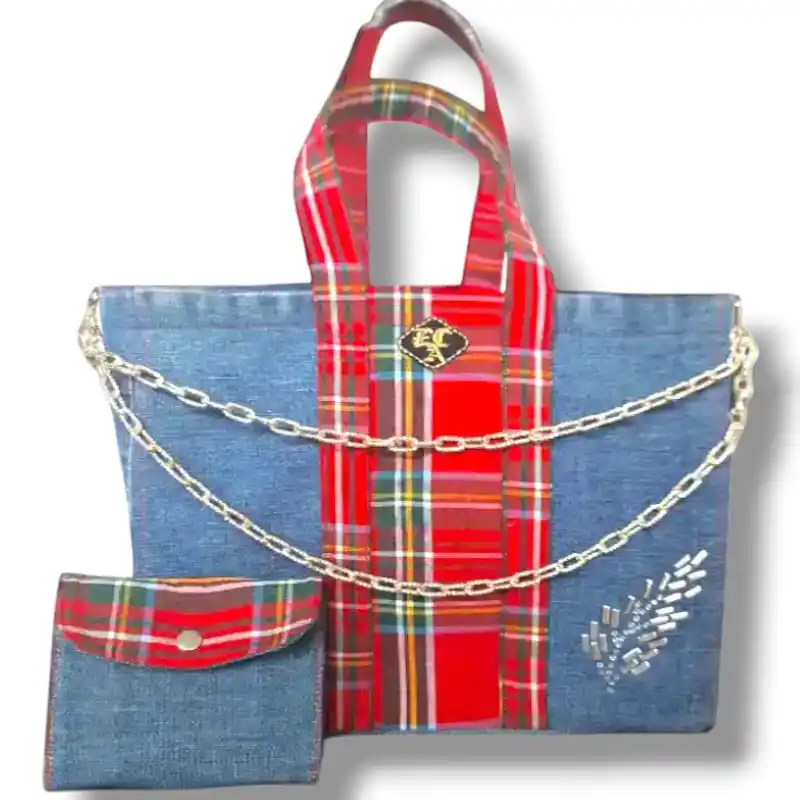 borsa in jeans e tartan con portamonete abbinato