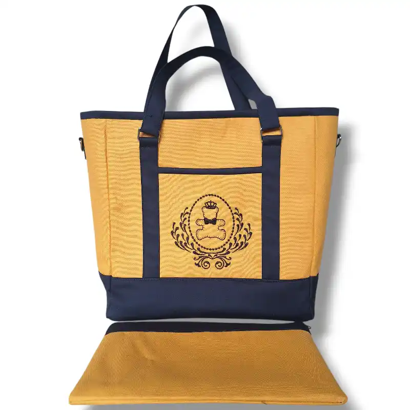 borsa fatta a mano in cotone spinato e tessuto impermeabile blu con pochette abbinata